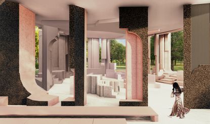 Serpentine Pavilion design render, interior view counterspace