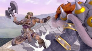 A screenshot from super smash bros. ultimate, showing Simon Belmont from Castlevania attacking Bowser from Super Mario