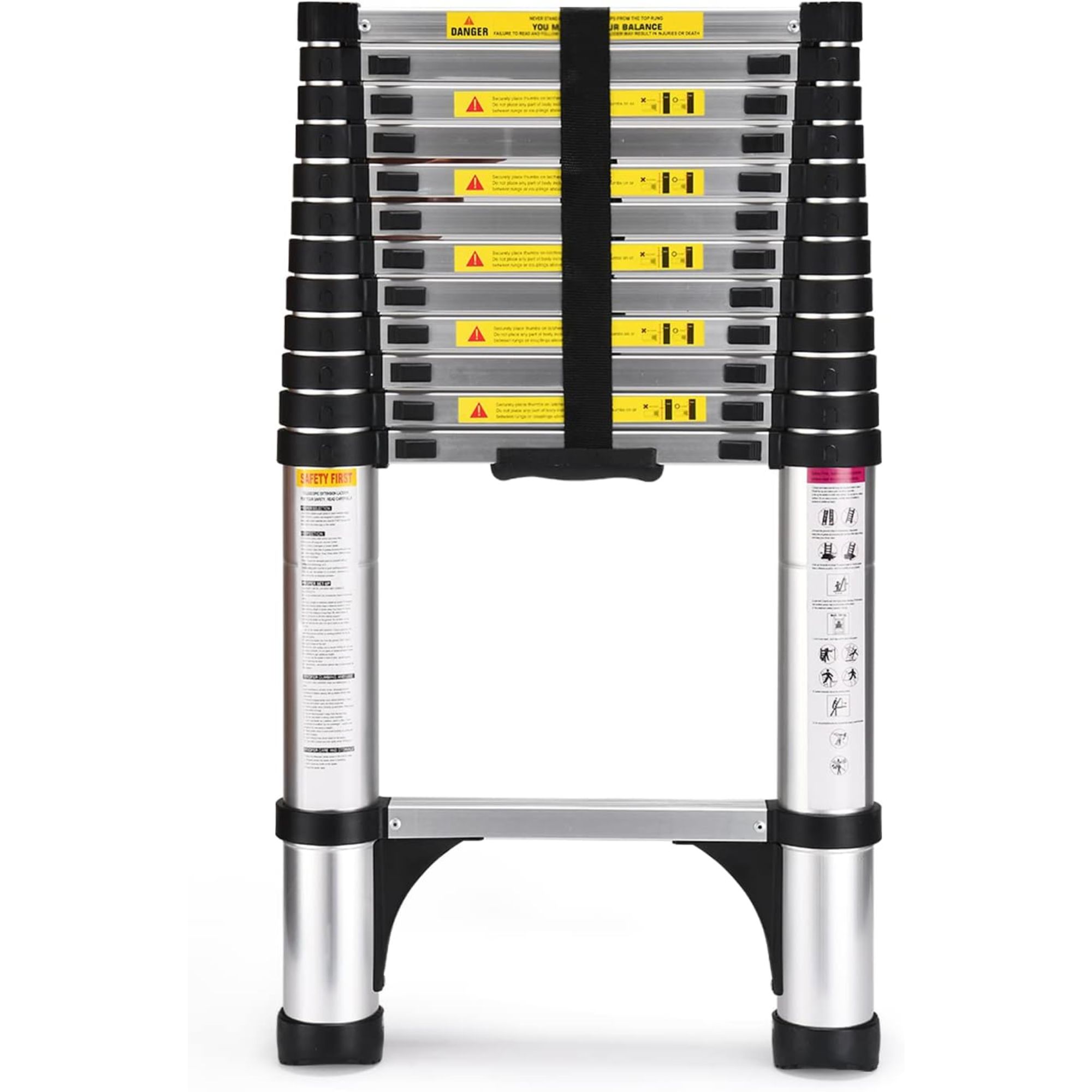 A silver metal and black plastic telescopic ladder