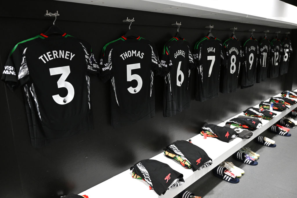 A general view of the match shirts of Kieran Tierney, Thomas Partey, Gabriel and Bukayo Saka in the Arsenal dressing room prior to the Premier League match between West Ham United FC and Arsenal FC at London Stadium on November 30, 2024 in London, England.