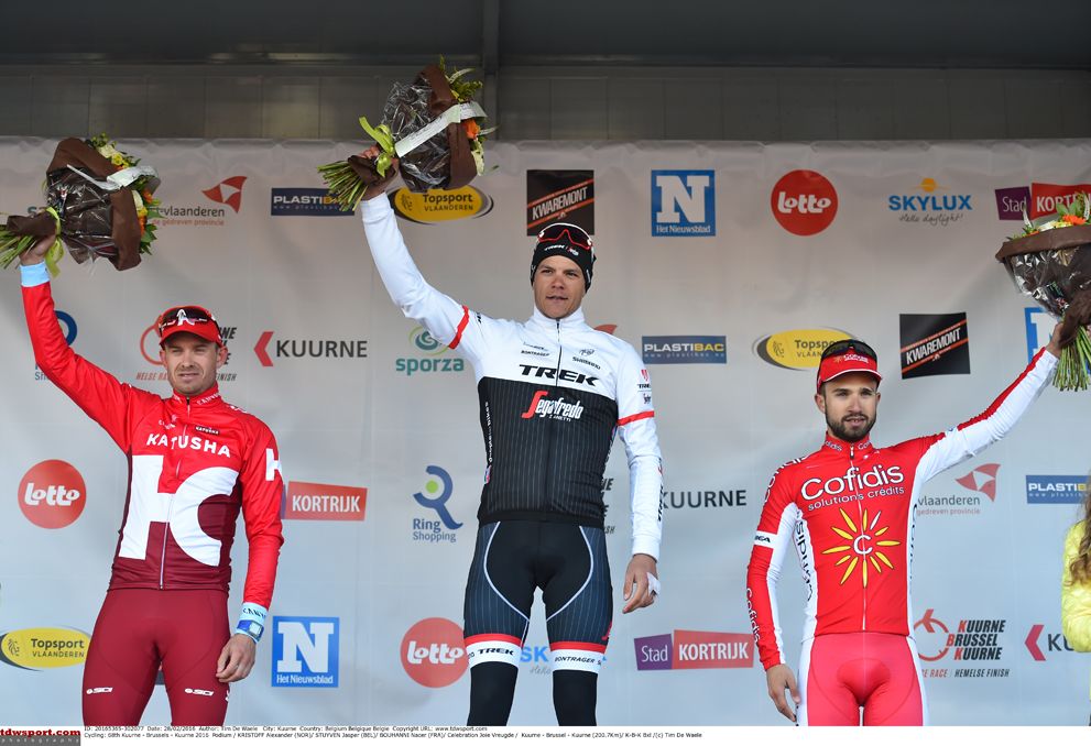 Jasper Stuyven (Trek-Segafredo) tops the podium in Kuurne-Brussel-Kuurne