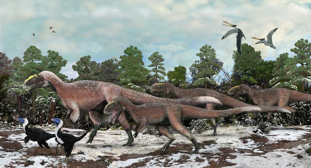 Artist’s impression of a group of &lt;i&gt;Yutyrannus&lt;/i&gt; and two individuals of the smaller &lt;i&gt;Beipiaosaurus&lt;/i&gt;.