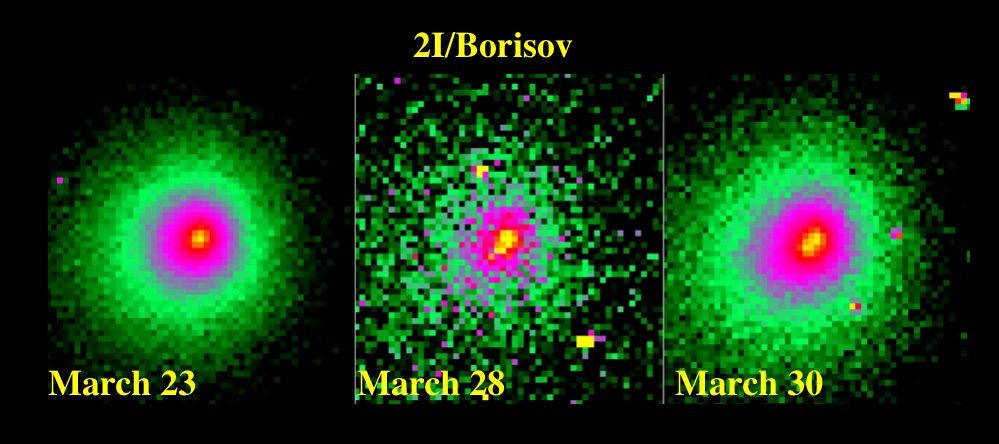 Imagery of interstellar Comet Borisov captured by the Hubble Space Telescope suggests that a piece broke off the object’s nucleus between March 23 and March 28, 2020. (The middle photo was taken with a different filter than the two on the sides, explaining its different appearance.)