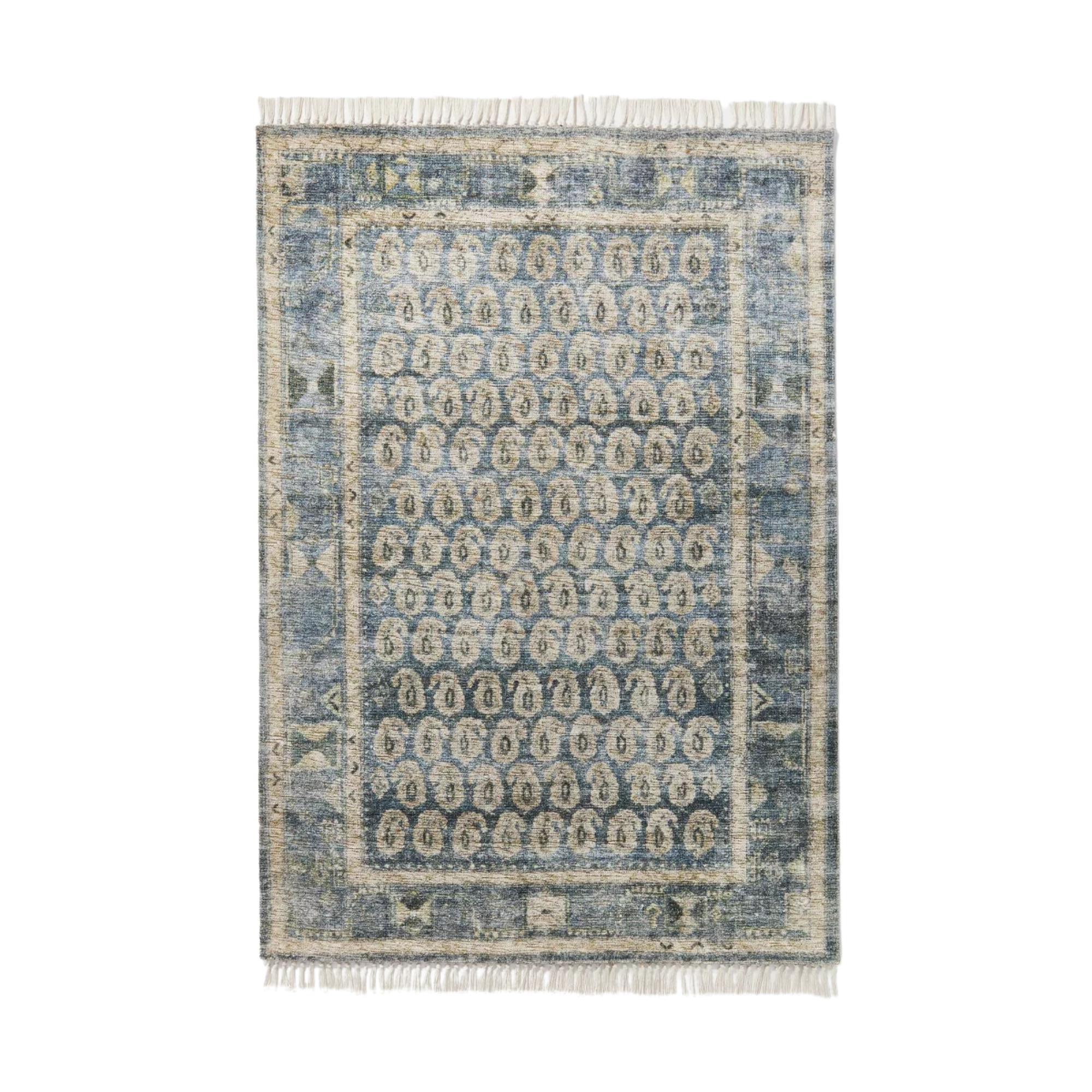a vintage-inspired rug with blue and beige detailing