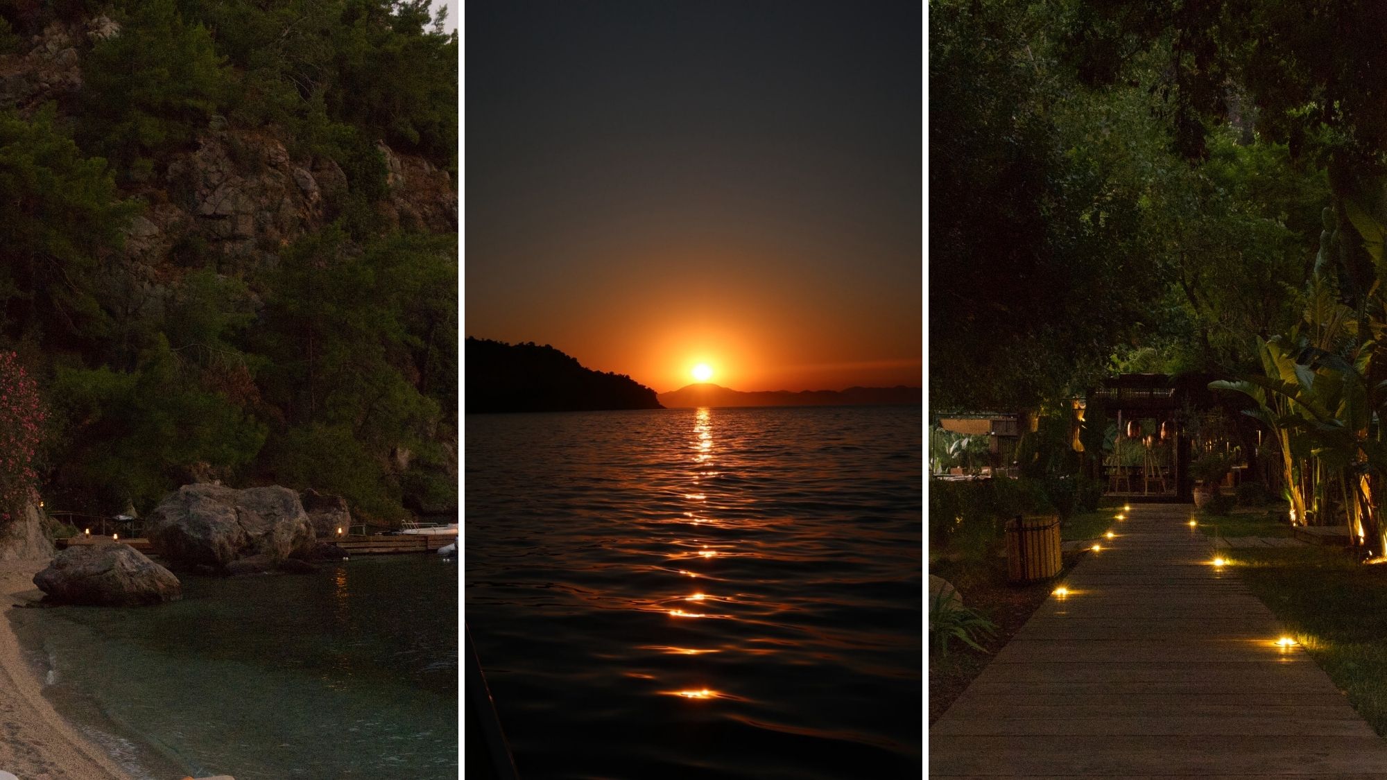 Three evening scenes on T&amp;uuml;rkiye&amp;rsquo;s Turquoise Coast, showing a secluded rocky bay, sunset over the Mediterranean Sea and a lantern-lit path through lush gardens.