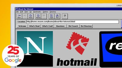 A monitor on a yellow background showing logos for Netscape, Hotmail and RealPlayer