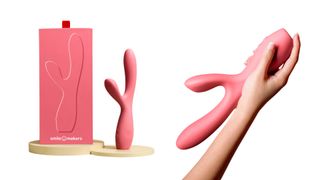 Smile Makers The Artist rabbit vibrator in packaging and held by model's hand