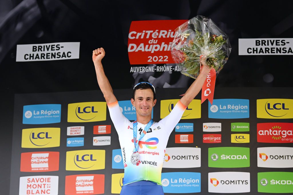 BRIVESCHARENSAC FRANCE JUNE 06 Alexis Vuillermoz of France and Team Total Energies celebrates winning the stage on the podium ceremony after the 74th Criterium du Dauphine 2022 Stage 2 a 1698km stage from SaintPray to BrivesCharensac WorldTour Dauphin on June 06 2022 in BrivesCharensac France Photo by Dario BelingheriGetty Images