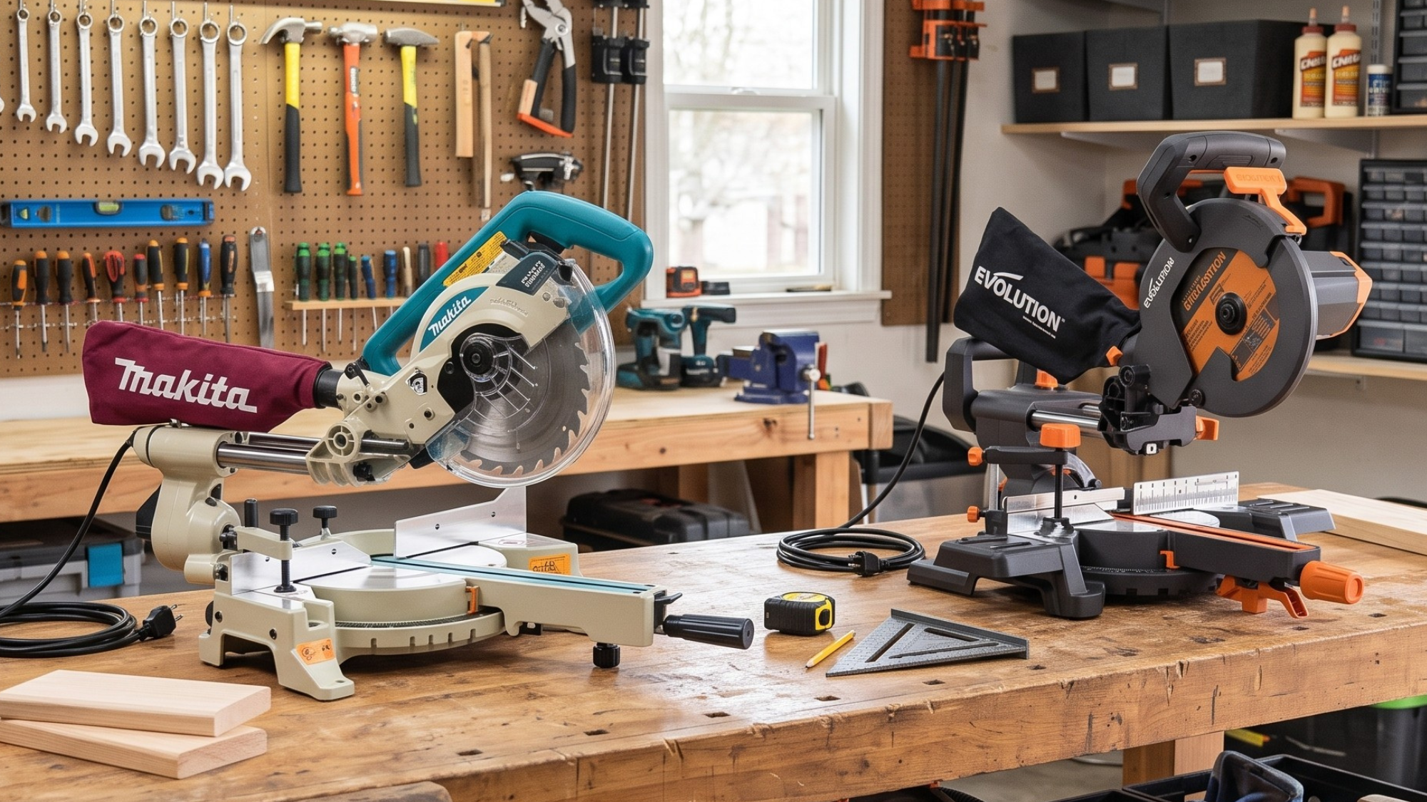 Two of the best mitre saws on a work bench in  a garage