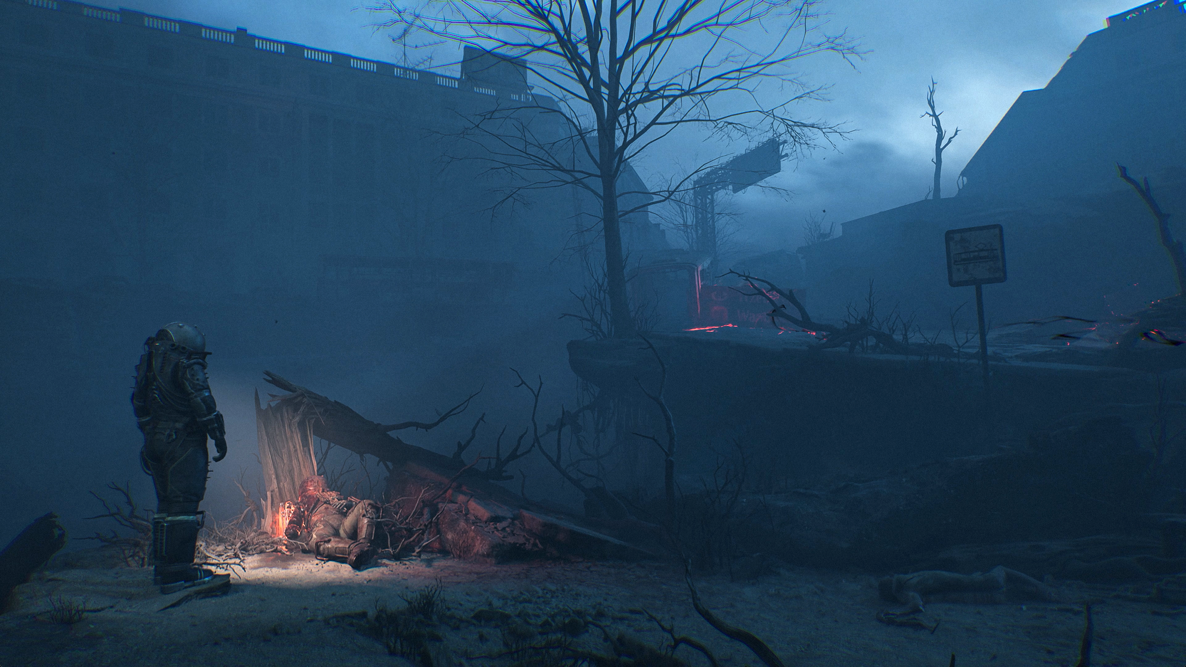 A screenshot shows the Traveler gazing at a pile of bodies in the misty town Nowa Huta