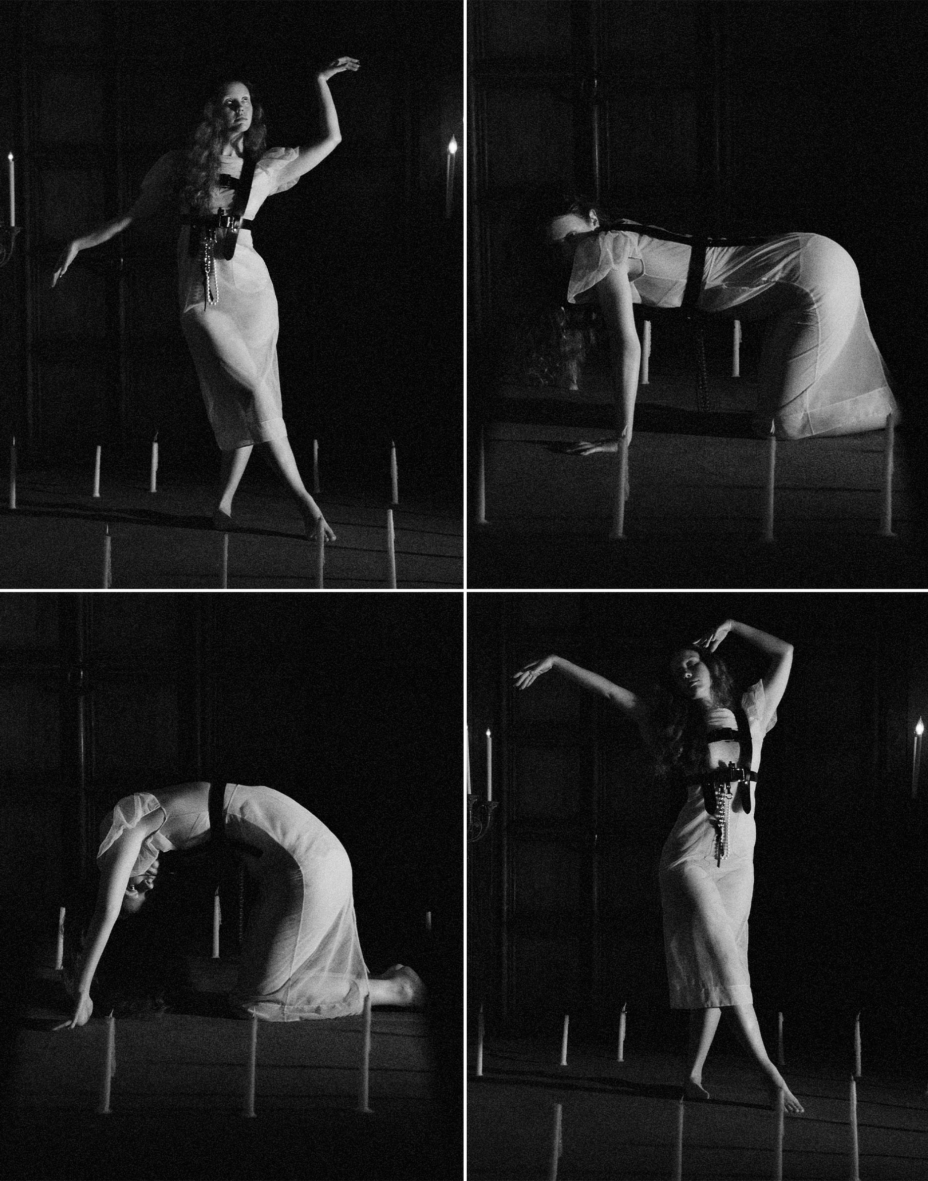 Mia Goth photo shoot for Who What Wear&#039;s October Cover Story. In this grid of images, Mia is seeing dancing inside a circle of candles. She is wearing a thin sheer white dress with leather harness.