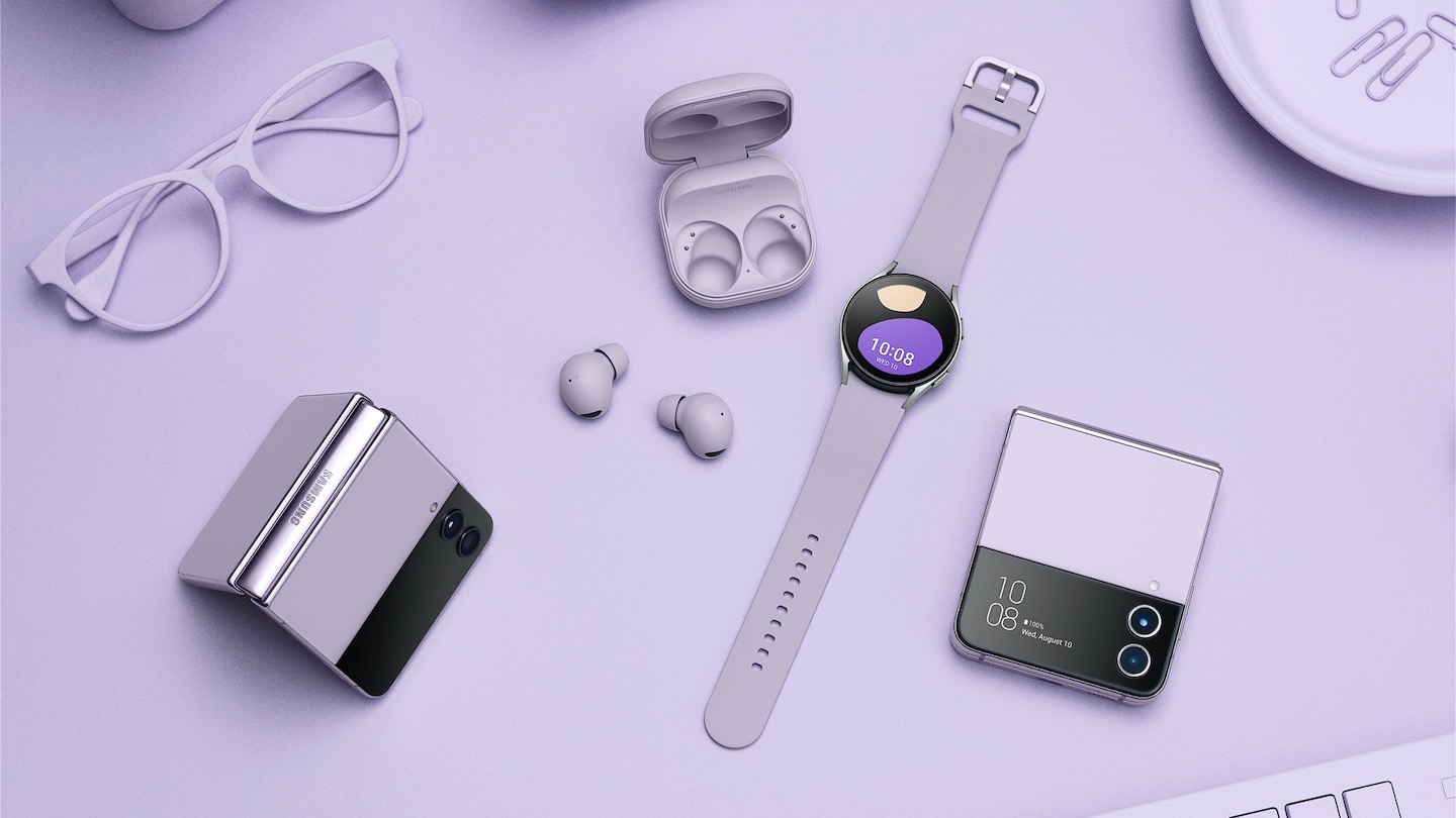 Samsung Galaxy devices on a lavender background