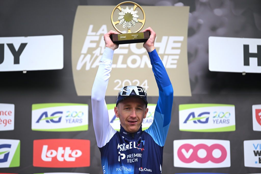HUY BELGIUM APRIL 17 Stephen Williams of The United Kingdom and Team Israel Premier Tech celebrates at podium as race winner during the 88th La Fleche Wallonne 2024 Mens Elite a 1986km one day race from Charleroi to Huy UCIWT on April 17 2024 in Huy Belgium Photo by Dario BelingheriGetty Images