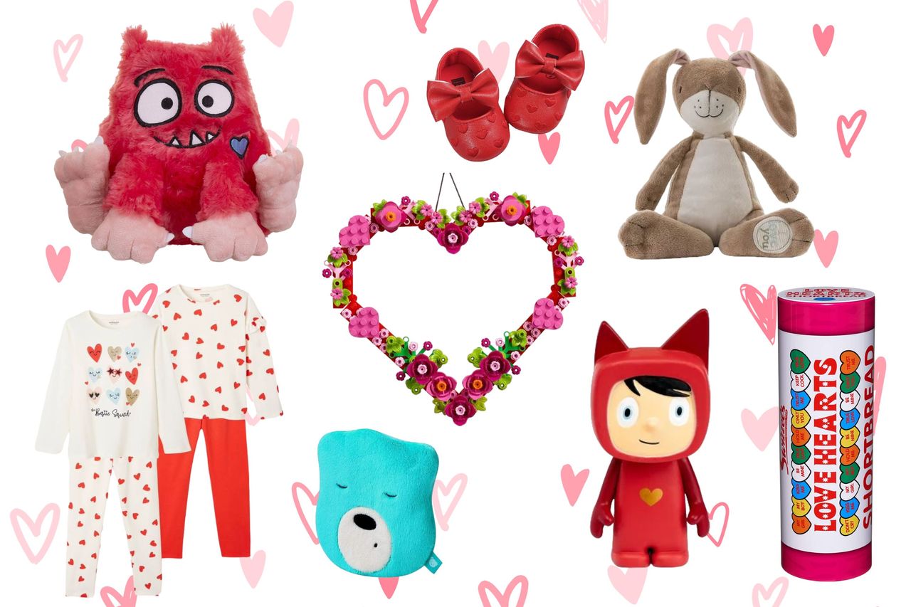 Collage of the best Valentine&#039;s Day gifts for kids, including LEGO heart, pyjamas, cuddly toys and Love Heart biscuits