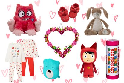 Collage of the best Valentine's Day gifts for kids, including LEGO heart, pyjamas, cuddly toys and Love Heart biscuits