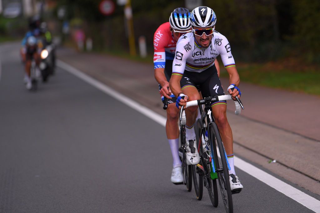 OVERIJSE BELGIUM OCTOBER 07 Mathieu Van Der Poel of Netherlands and Team AlpecinFenix Julian Alaphilippe of France and Team Deceuninck QuickStep Breakaway during the 60th Brabantse Pijl 2020 Men Elite a 197km race from Leuven to OverijseSchavei 106m La Flche Brabanonne BP20 on October 07 2020 in Overijse Belgium Photo by Luc ClaessenGetty Images