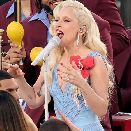 Lady Gaga performing at the 2026 Super Bowl halftime show