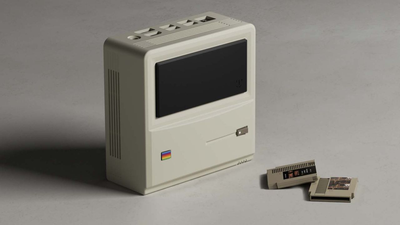 AYANEO Retro Mini PC AM01 on grey table.