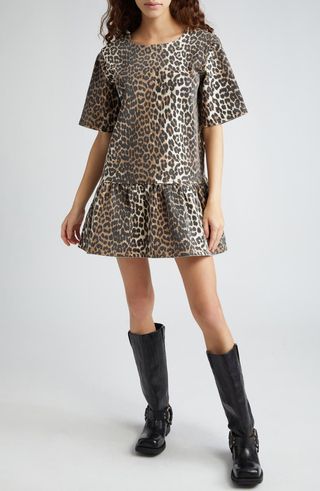 Leopard Print Open Back Organic Cotton Stretch Twill Minidress