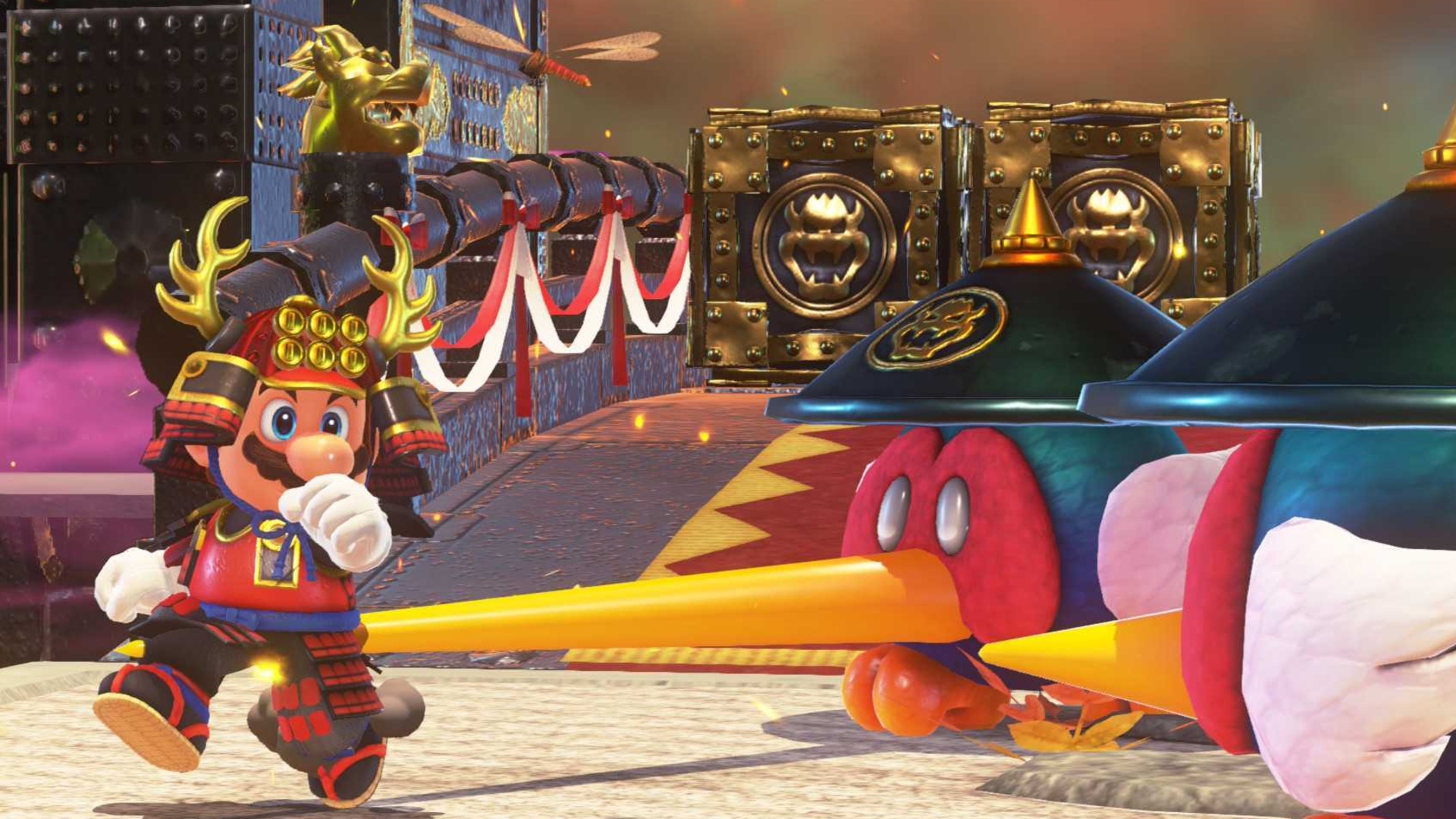 Mario wearing a samurai uniform facing down enemies in Super Mario Odyssey