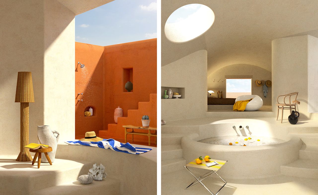 Two photos. Left, outdoor sunning area with outdoor shower, standing lamp and coffee table. Right, large round bath surrounded by step with a platform with a round chair above it.