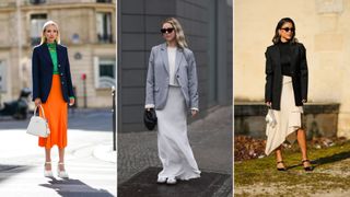 A composite of street style influencers showing how to style a slip skirt for work with a blazer
