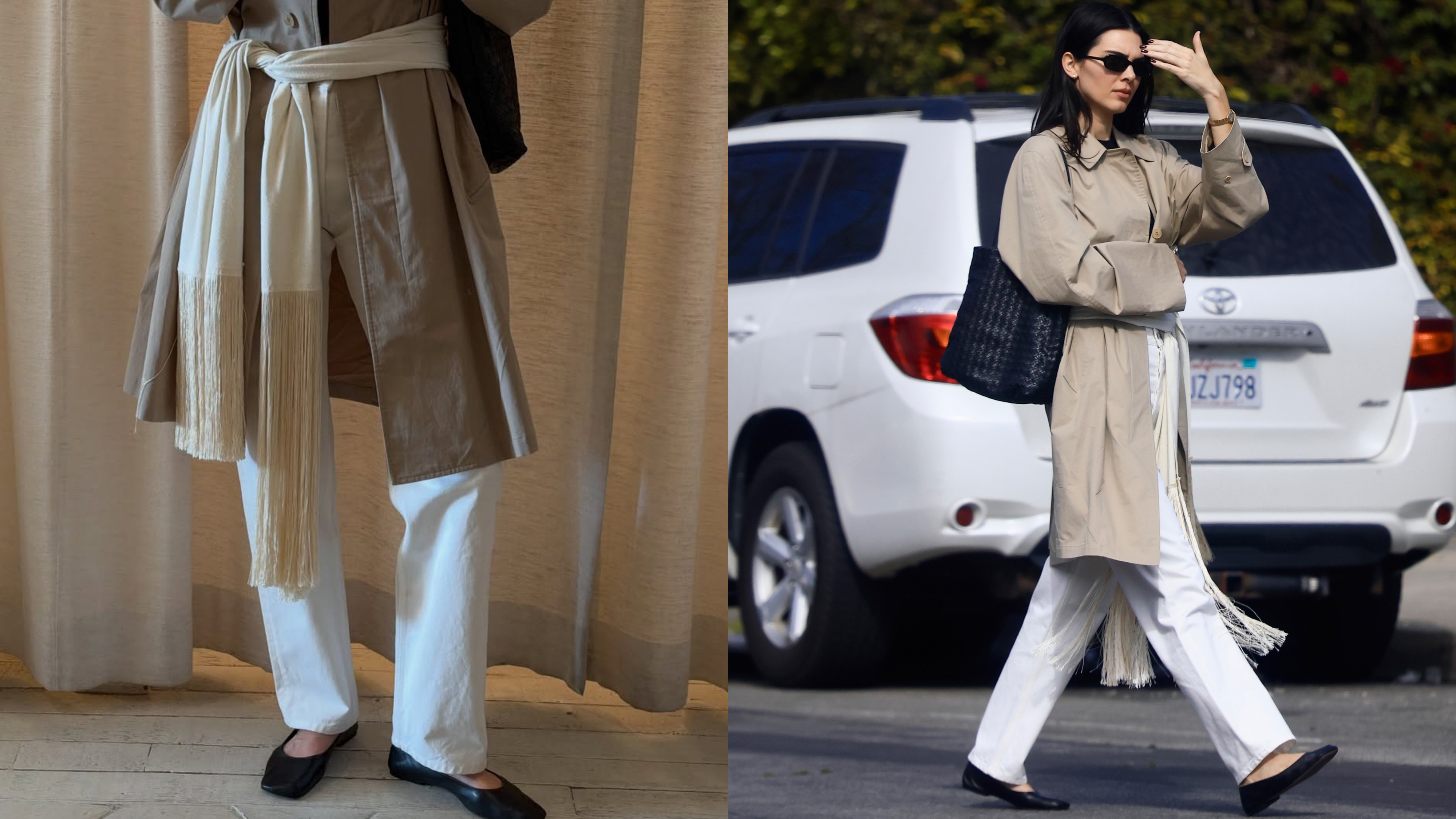 Kendall Jenner wearing a long silk scarf around her waist with a trench coat, white jeans, and ballet flats.