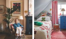 A split image. On the left, designer Sophie Garland sits in a pink-walled living room with a black fireplace and potted palm. On the right is a vibrant child&rsquo;s bedroom with a patterned bed, snake toy, and red-and-white curtains.