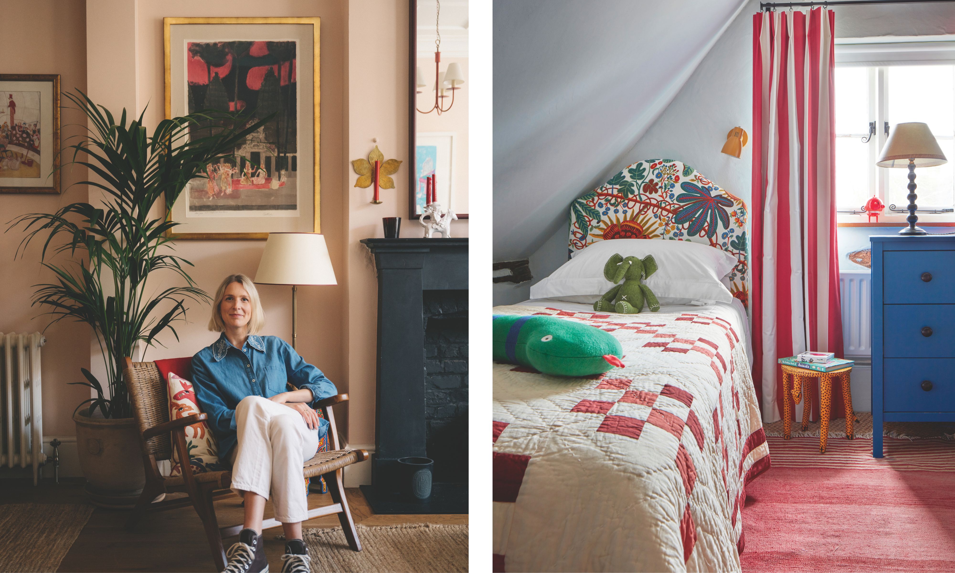 A split image. On the left, designer Sophie Garland sits in a pink-walled living room with a black fireplace and potted palm. On the right is a vibrant child&rsquo;s bedroom with a patterned bed, snake toy, and red-and-white curtains.