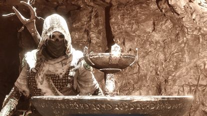Tiel looks upon a chalice in Mortal Shell 2 which challenges him to Commune with Chaos