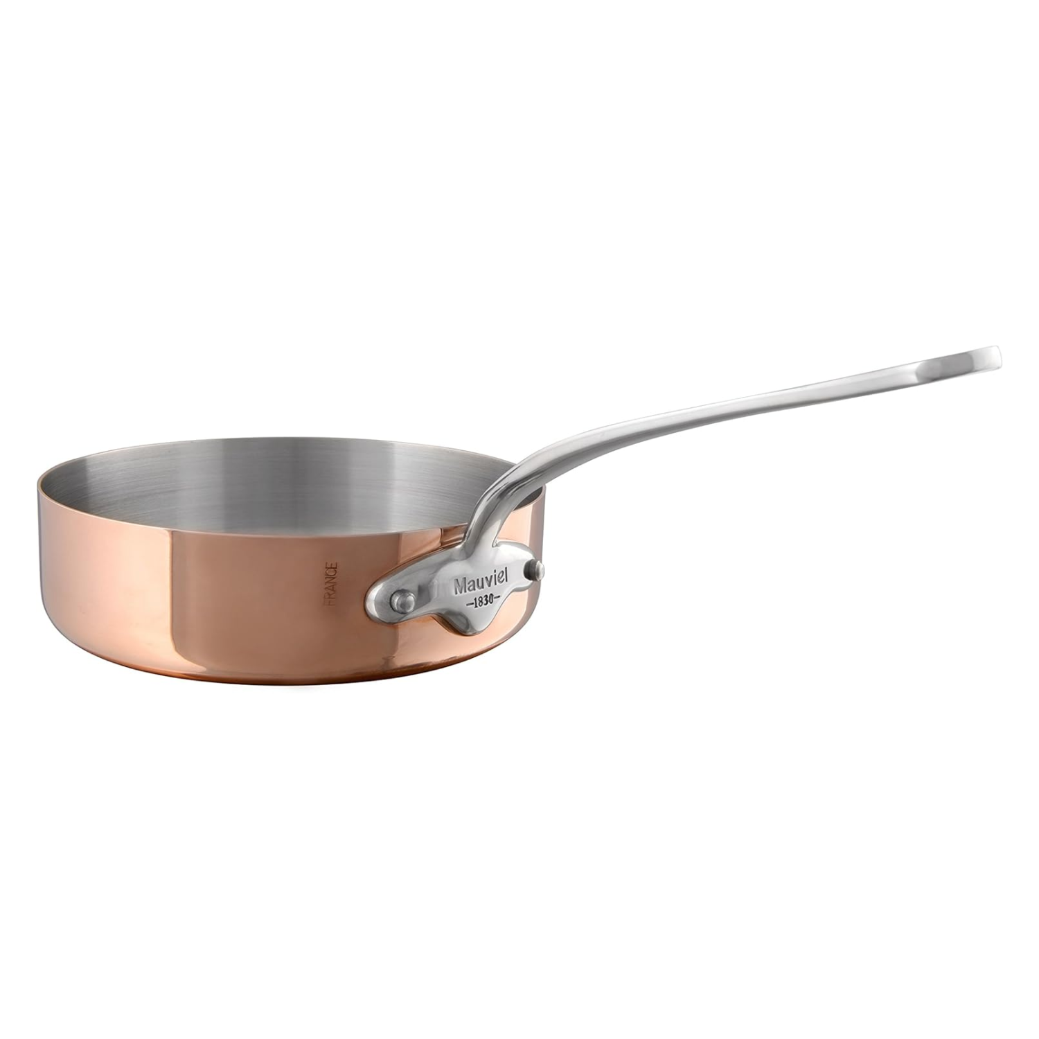 A copper plate pan with a handle by Mauviel