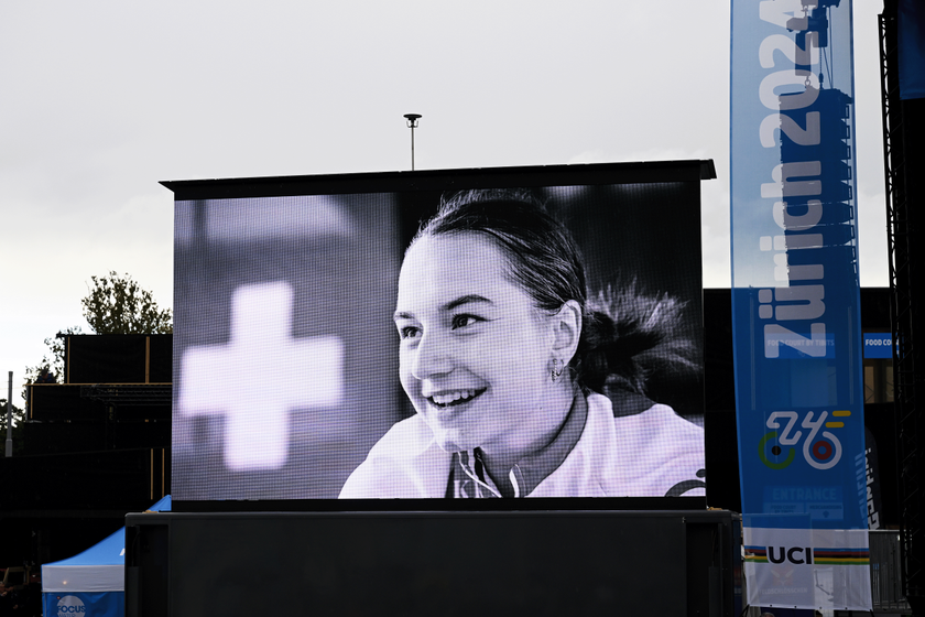 ZURICH, SWITZERLAND - SEPTEMBER 27: The screen shows cyclist Muriel Furrer, who sadly passed away after suffering a severe head injury at the UCI Paracycling and Road World Championships 2024during the 97th UCI Cycling World Championships Zurich 2024, Men&#039;s U23 Road Race a 173.6km one day race from Uster to Zurich on September 27, 2024 in Zurich, Switzerland. (Photo by Dario Belingheri/Getty Images)
