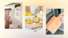 composite of microwave, lemons and wooden chopping board