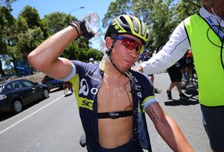 Caleb Ewan cools off after winning stage 1 at the Tour Down Under. Temperatures reached the 40s