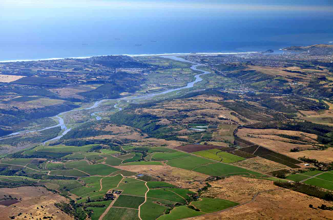 Aerial shot of Leyda Valley winemaking region in Chile