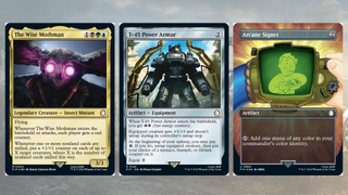 Moth man, and T-45 Power Armour cards in front of a Fallout background featuring a barren wasteland