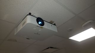 Sony projectors welcome students at a Massachusetts community college.