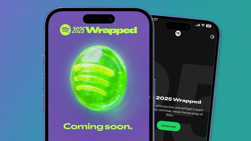 Two iPhones on a blue and green background showing Spotify Wrapped 2025 teasers