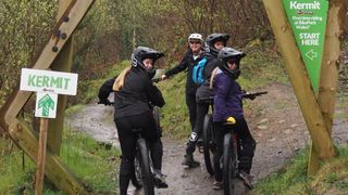 Riders at the start of BikePark Wales Kermit green trail