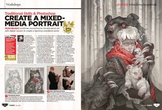 Spread of pages showing mixed media portrait tutorial