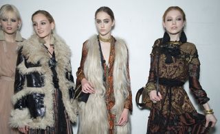 4 Female models dressed in the Lanvin A/W 2015 backstage of the fashion show