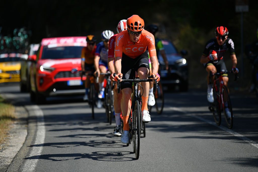 Pascal Eenkhoorn, Nathan Van Hooydonck, Hermann Pernsteiner, Matthew Holmes in the breakaway during stage 3 at Tirreno-Adriatico