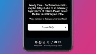 A phone screen on a pink and blue background showing the Oasis pre-sale sign-up page