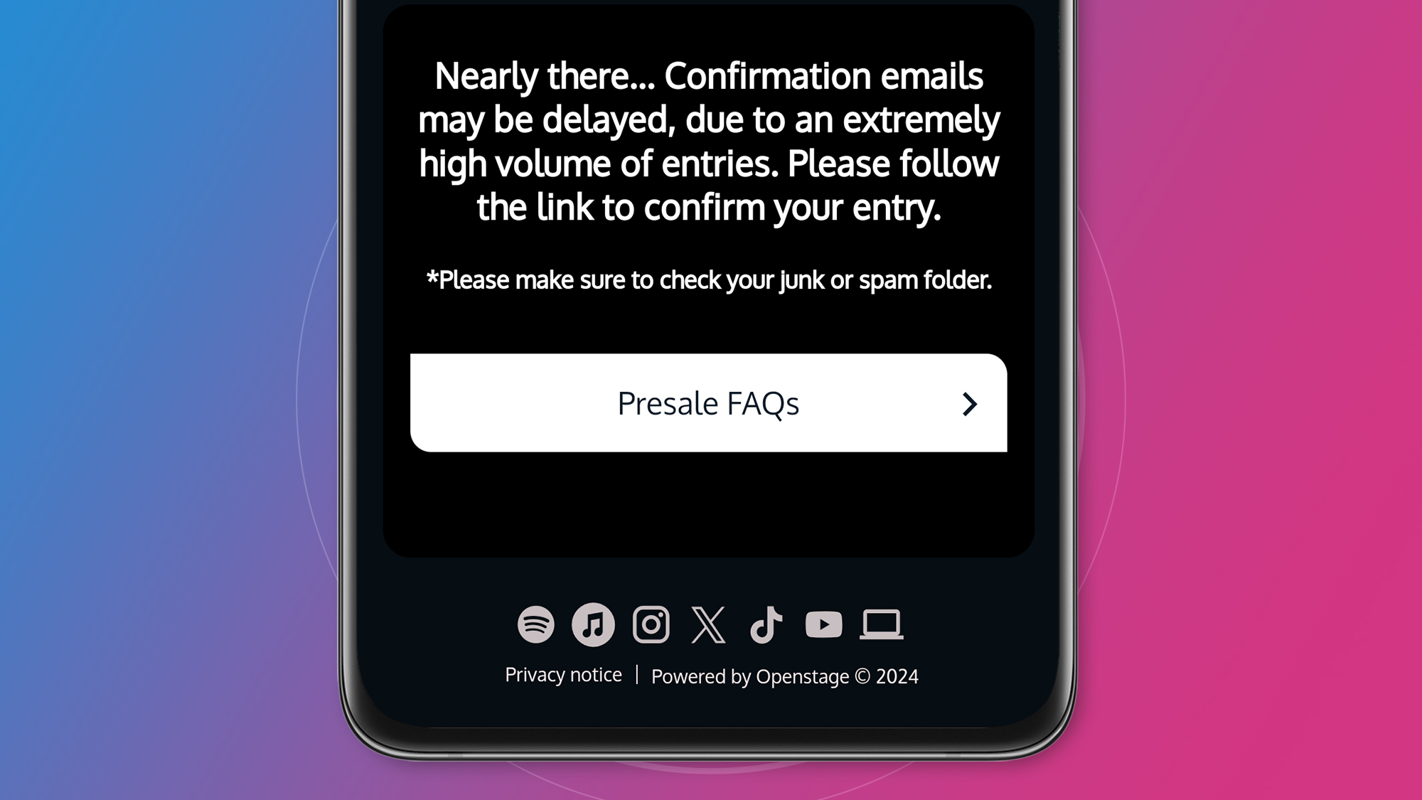 A phone screen on a pink and blue background showing the Oasis pre-sale sign-up page