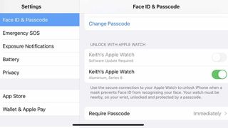 An iPhone Settings page showing that the Apple Watch can be used to unlock an iPhone when you're wearing a mask