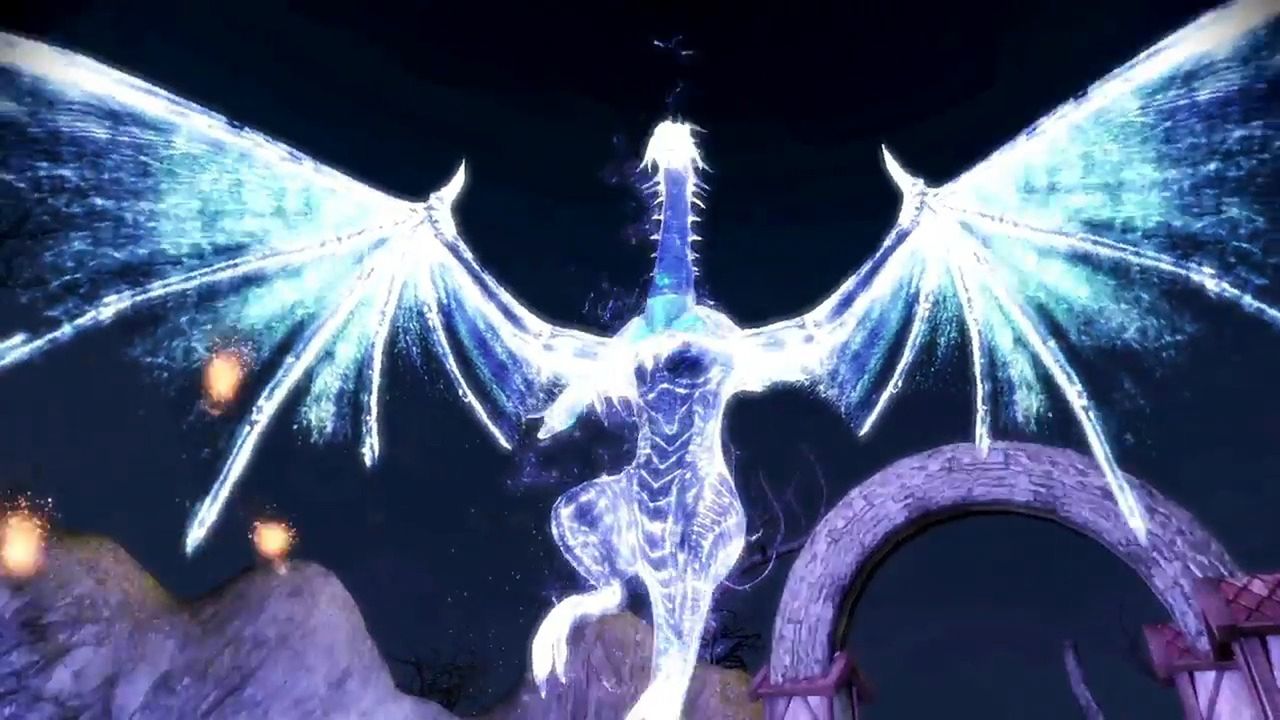 A screenshot showing the light dragon flying from Dragon Age: Origins - Ultimate Edition.