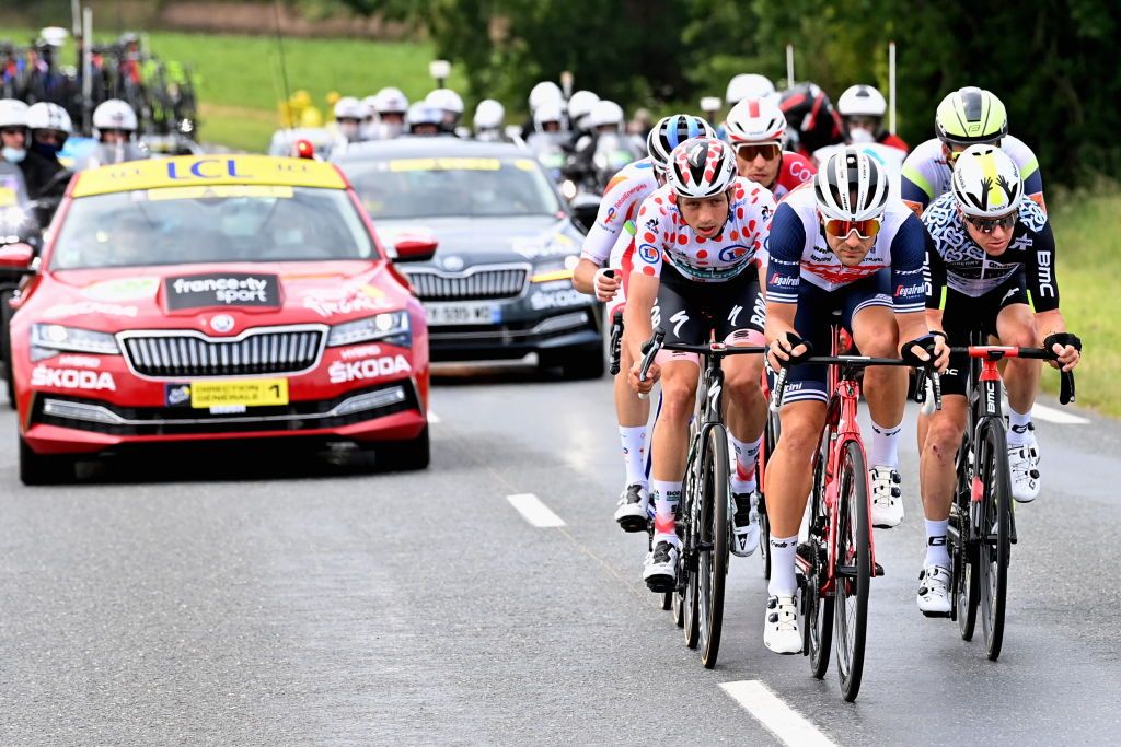 Dutch Ide Schelling of BoraHansgrohe Australian Simon Clarke of Qhubeka NextHash French Anthony Perez of Cofidis Belgian Edward Theuns of TrekSegafredo French Jeremy Cabot of TotalEnergies and German Jonas Koch of Intermarche WantyGobert Materiaux pictured in action during the second stage of the 108th edition of the Tour de France cycling race 1835km from PerrosGuirec to MurdeBretagne Guerledan France Sunday 27 June 2021 This years Tour de France takes place from 26 June to 18 July 2021 BELGA PHOTO DAVID STOCKMAN Photo by DAVID STOCKMANBELGA MAGAFP via Getty Images