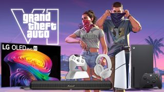 A selection of gaming peripherals, a TV, a soundbar, and s PS5 and Xbox, against a GTA 6 background