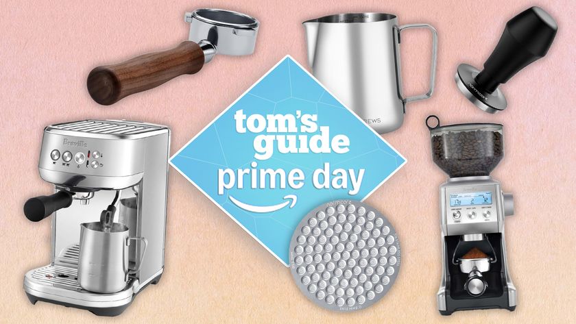the Normcore tamper and puck screen, Breville Bambino Plus and Smart Control Pro Grinder, Casabrews milk jug with a prime day badge