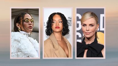 Jennifer Lopez, Rihanna and Charlize Theron are pictured with variations of the Hydro bob/ wet-look bob in a beige and blue gradient, sunset-like template